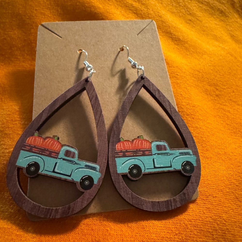Festive Fall Teardrop Earrings with Vintage Truck Design
